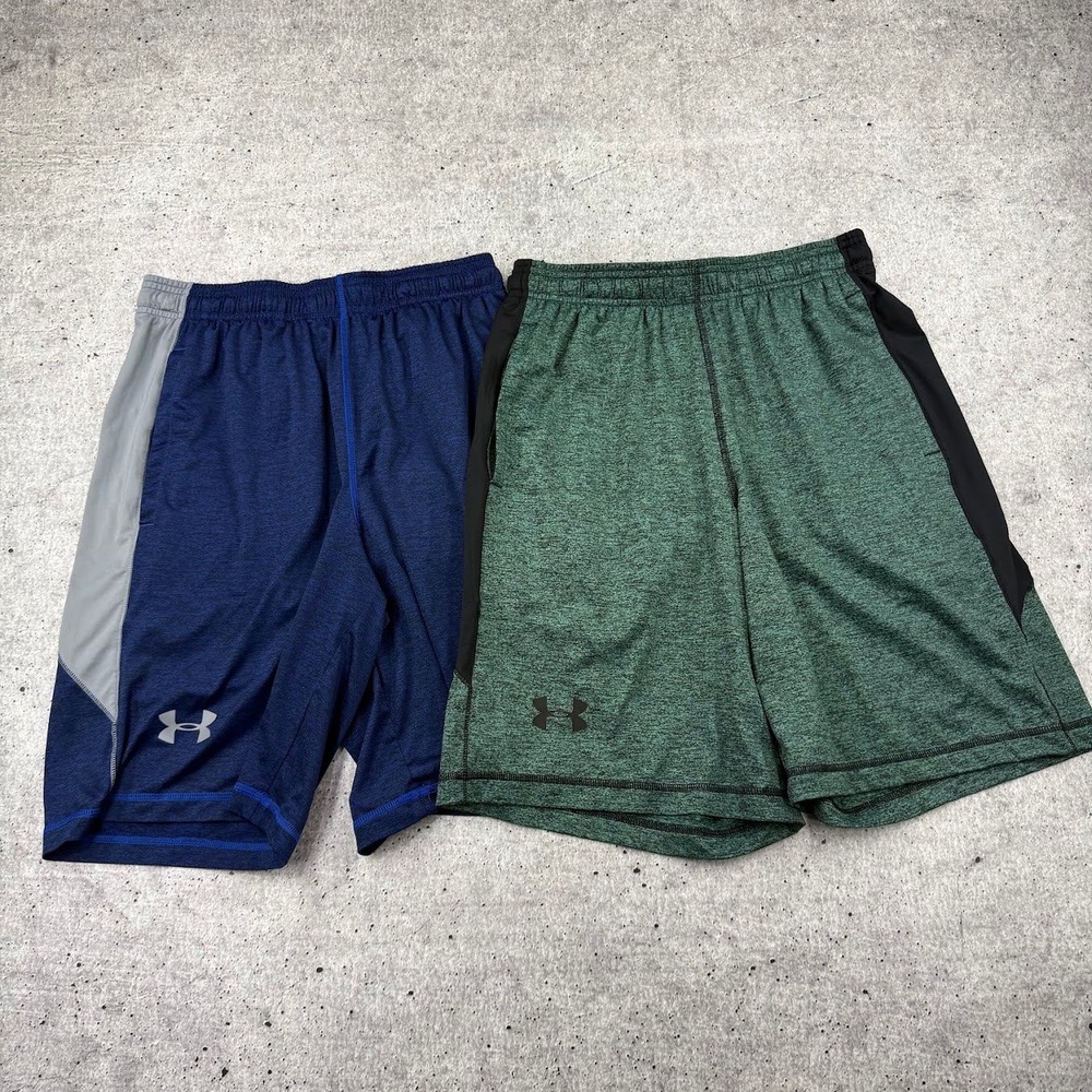Under Armour Men's Medium Loose Raid 10-inch Workout Shorts Blue Green Set of 2